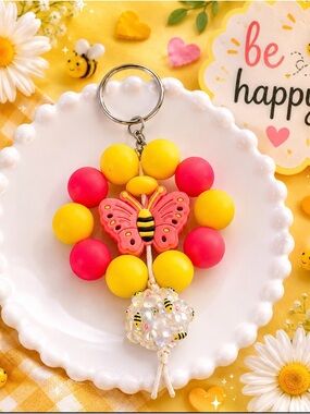 Handmade Butterfly Bee Beaded Key Keychain - Pink & Yellow